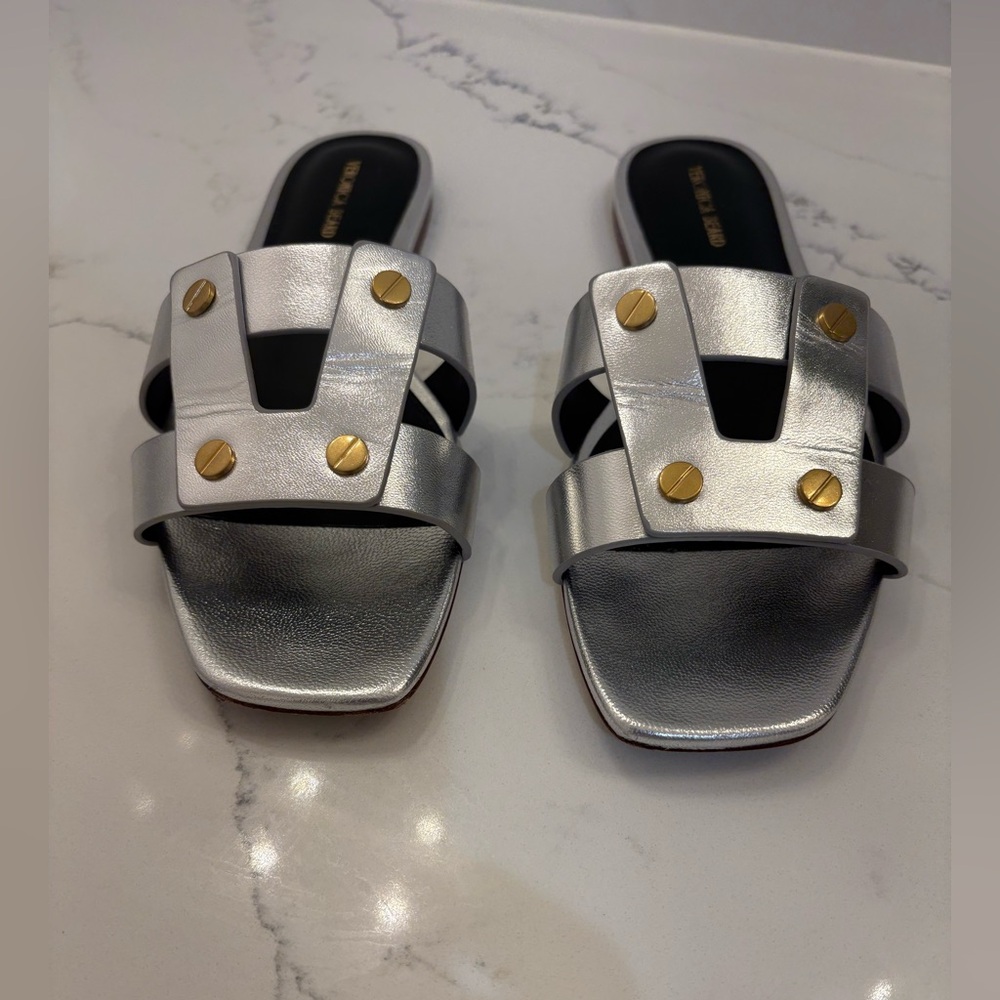 Veronica Beard Silver Sandals with Gold Studs